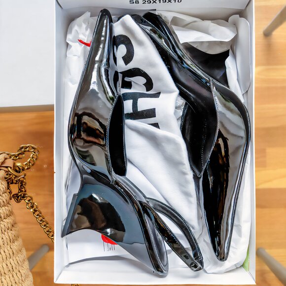 Black Patent Leather Wedge Slingback Heels - Picture 7 of 7